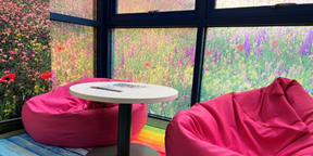 Two bean bags with a coffee table showing the wellbeing corner at Frimley Park